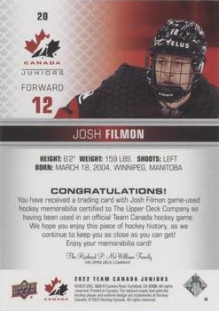 2022-23 Upper Deck Team Canada Juniors - Jersey #20 Josh Filmon Back