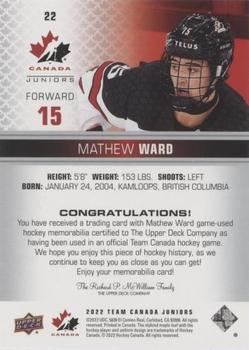 2022-23 Upper Deck Team Canada Juniors - Jersey #22 Mathew Ward Back