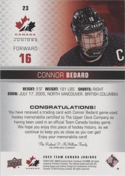 2022-23 Upper Deck Team Canada Juniors - Jersey #23 Connor Bedard Back