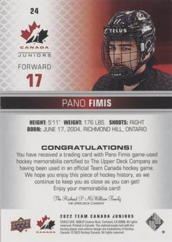 2022-23 Upper Deck Team Canada Juniors - Jersey #24 Pano Fimis Back