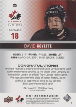 2022-23 Upper Deck Team Canada Juniors - Jersey #25 David Goyette Back