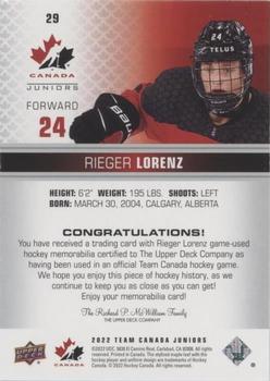 2022-23 Upper Deck Team Canada Juniors - Jersey #29 Rieger Lorenz Back