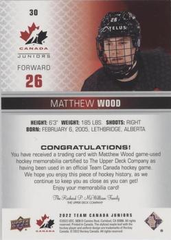 2022-23 Upper Deck Team Canada Juniors - Jersey #30 Matthew Wood Back