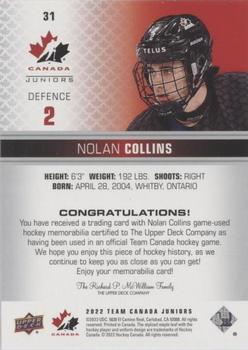 2022-23 Upper Deck Team Canada Juniors - Jersey #31 Nolan Collins Back