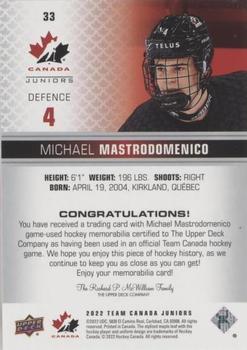2022-23 Upper Deck Team Canada Juniors - Jersey #33 Michael Mastrodomenico Back
