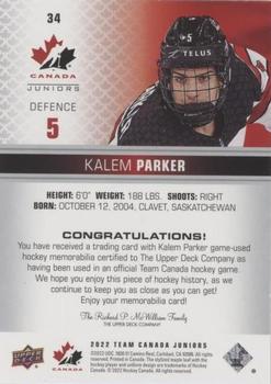 2022-23 Upper Deck Team Canada Juniors - Jersey #34 Kalem Parker Back
