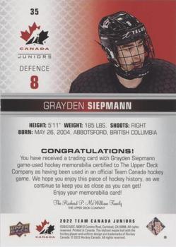 2022-23 Upper Deck Team Canada Juniors - Jersey #35 Grayden Siepmann Back