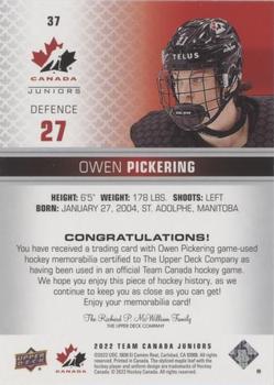 2022-23 Upper Deck Team Canada Juniors - Jersey #37 Owen Pickering Back