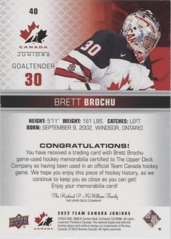 2022-23 Upper Deck Team Canada Juniors - Jersey #40 Brett Brochu Back