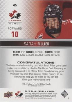 2022-23 Upper Deck Team Canada Juniors - Jersey #45 Sarah Fillier Back