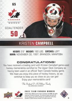 2022-23 Upper Deck Team Canada Juniors - Jersey #65 Kristen Campbell Back