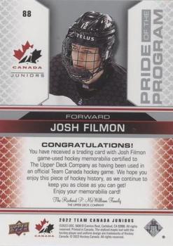 2022-23 Upper Deck Team Canada Juniors - Jersey #88 Josh Filmon Back