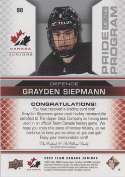 2022-23 Upper Deck Team Canada Juniors - Jersey #90 Grayden Siepmann Back