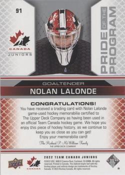 2022-23 Upper Deck Team Canada Juniors - Jersey #91 Nolan Lalonde Back