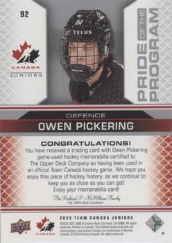2022-23 Upper Deck Team Canada Juniors - Jersey #92 Owen Pickering Back