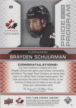 2022-23 Upper Deck Team Canada Juniors - Jersey #99 Brayden Schuurman Back