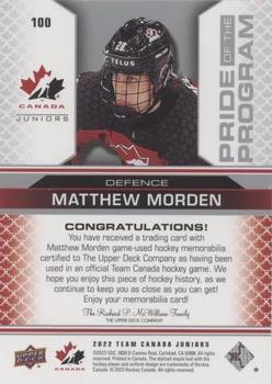 2022-23 Upper Deck Team Canada Juniors - Jersey #100 Matthew Morden Back