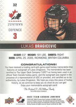 2022-23 Upper Deck Team Canada Juniors - Premium Material Auto #32 Lukas Dragicevic Back