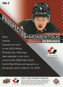 2022-23 Upper Deck Team Canada Juniors - Prospectus Momentous #PM-2 Donovan Sebrango Back
