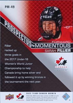 2022-23 Upper Deck Team Canada Juniors - Prospectus Momentous Electric Blue #PM-49 Sarah Fillier Back
