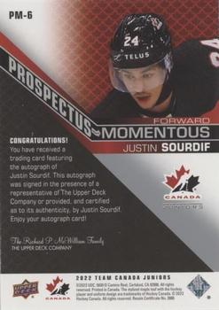 2022-23 Upper Deck Team Canada Juniors - Prospectus Momentous Autographs #PM-6 Justin Sourdif Back