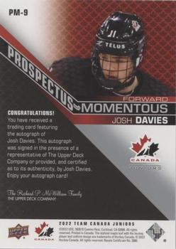 2022-23 Upper Deck Team Canada Juniors - Prospectus Momentous Autographs #PM-9 Josh Davies Back
