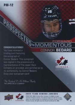 2022-23 Upper Deck Team Canada Juniors - Prospectus Momentous Autographs #PM-12 Connor Bedard Back
