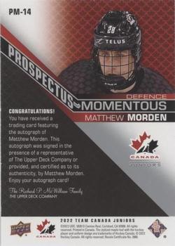 2022-23 Upper Deck Team Canada Juniors - Prospectus Momentous Autographs #PM-14 Matthew Morden Back