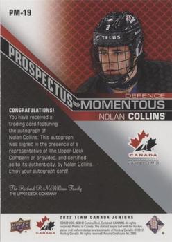 2022-23 Upper Deck Team Canada Juniors - Prospectus Momentous Autographs #PM-19 Nolan Collins Back