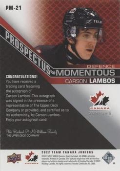 2022-23 Upper Deck Team Canada Juniors - Prospectus Momentous Autographs #PM-21 Carson Lambos Back
