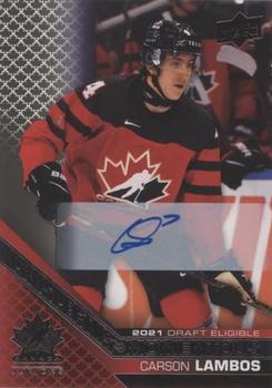 2022-23 Upper Deck Team Canada Juniors - Prospectus Momentous Autographs #PM-21 Carson Lambos Front