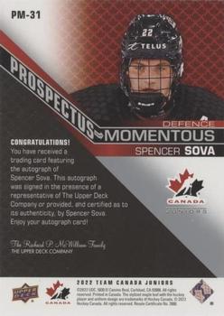 2022-23 Upper Deck Team Canada Juniors - Prospectus Momentous Autographs #PM-31 Spencer Sova Back