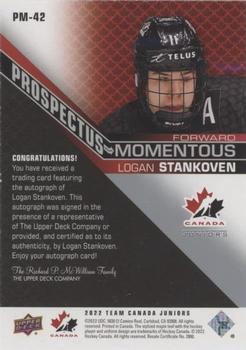 2022-23 Upper Deck Team Canada Juniors - Prospectus Momentous Autographs #PM-42 Logan Stankoven Back