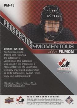 2022-23 Upper Deck Team Canada Juniors - Prospectus Momentous Autographs #PM-43 Josh Filmon Back