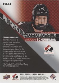 2022-23 Upper Deck Team Canada Juniors - Prospectus Momentous Autographs #PM-44 Brayden Schuurman Back