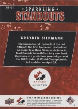 2022-23 Upper Deck Team Canada Juniors - Sparkling Standouts #SS-31 Grayden Siepmann Back
