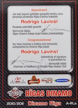 2010-11 Riga Dynamo (KHL) - Autographs #A-RLa Rodrigo Lavins Back