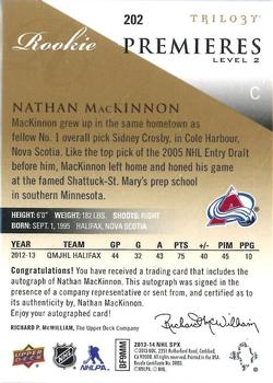 2013-14 SPx - 2013-14 Trilogy Autograph Rookie Update #202 Nathan MacKinnon Back