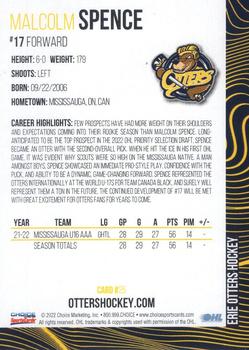 2022-23 Choice Erie Otters (OHL) #25 Malcolm Spence Back