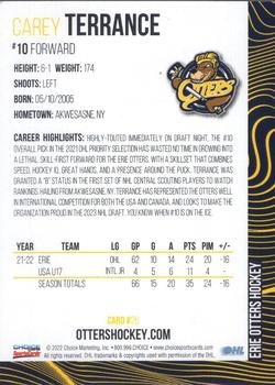 2022-23 Choice Erie Otters (OHL) #26 Carey Terrance Back