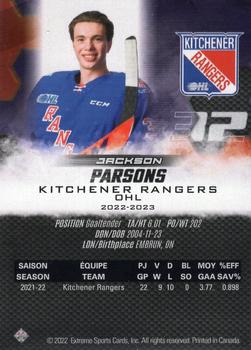 2022-23 Extreme Kitchener Rangers (OHL) #NNO Jackson Parsons Back