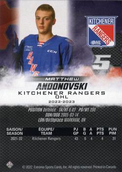 2022-23 Extreme Kitchener Rangers (OHL) #NNO Matthew Andonovski Back