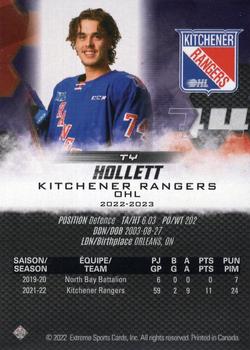2022-23 Extreme Kitchener Rangers (OHL) #NNO Ty Hollett Back
