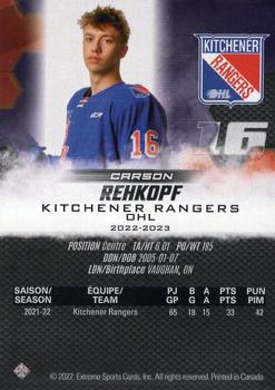 2022-23 Extreme Kitchener Rangers (OHL) #NNO Carson Rehkopf Back