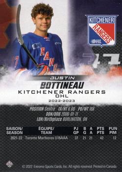 2022-23 Extreme Kitchener Rangers (OHL) #NNO Justin Bottineau Back