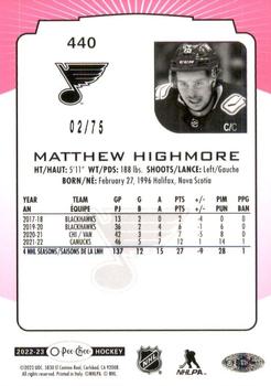 2022-23 O-Pee-Chee - Neon Pink Border #440 Matthew Highmore Back