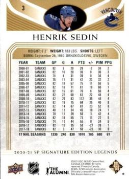 2020-21 SP Signature Edition Legends - Gold Foil #3 Henrik Sedin Back