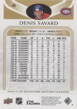 2020-21 SP Signature Edition Legends - Gold Foil #40 Denis Savard Back