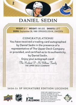 2020-21 SP Signature Edition Legends - Gold Spectrum Foil Autographs #2 Daniel Sedin Back