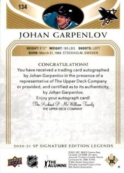 2020-21 SP Signature Edition Legends - Gold Spectrum Foil Autographs #134 Johan Garpenlov Back